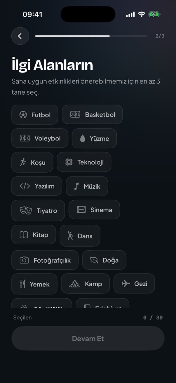 İlgi alanı seçme ekranı