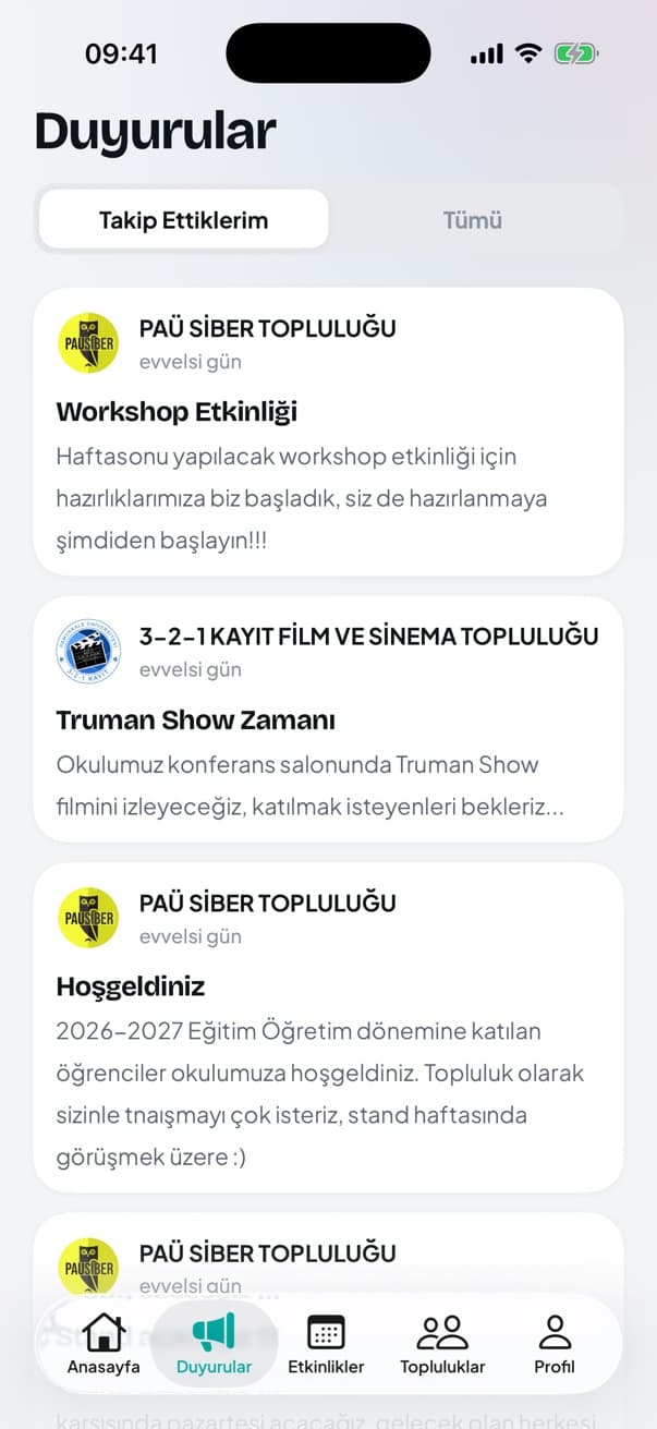 Duyurular ekranı