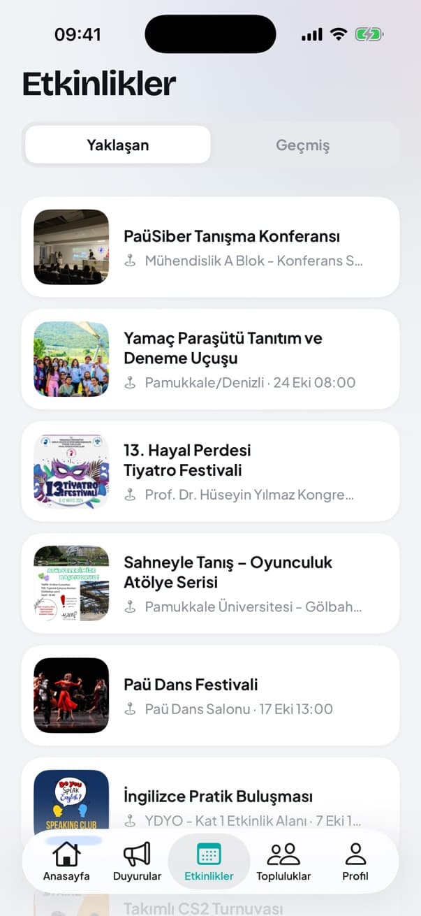 Etkinlikler ekranı