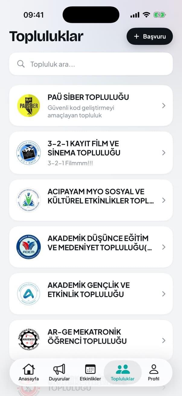 Topluluklar ekranı
